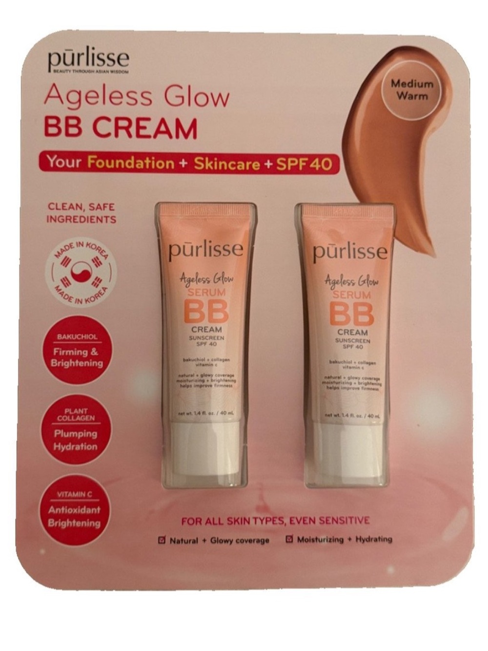 Purlisse Ageless Glow Serum BB Cream with SPF 40 Medium Warm 1.4 oz x2 Pack NWT